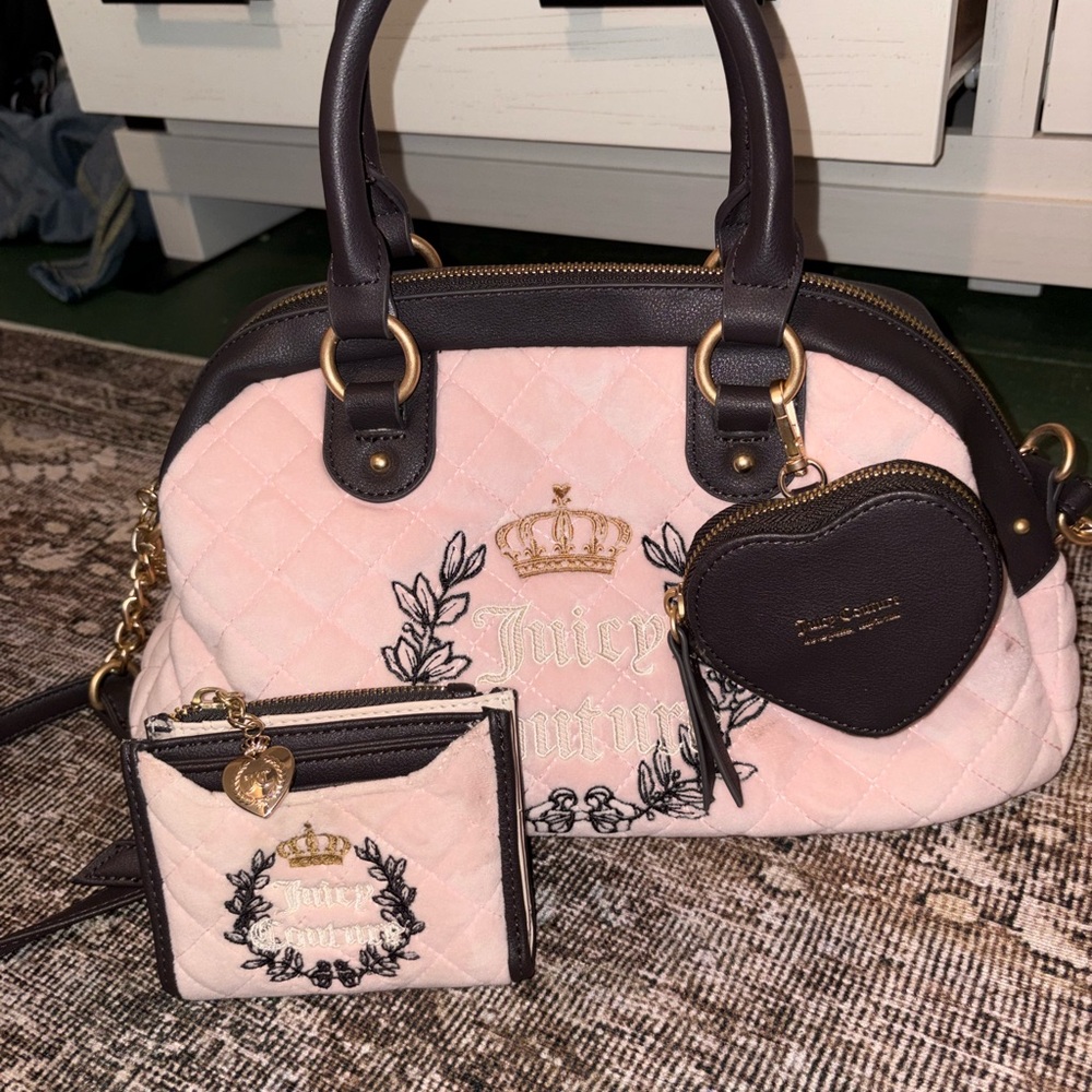 Juicy Couture Pink and Brown Quilted Satchel Set